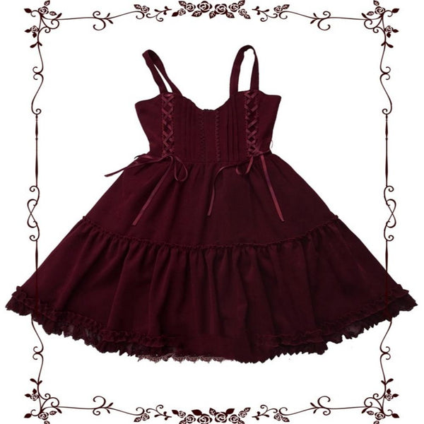 Wine-red Lolita JSK with gathered skirt and chest bow