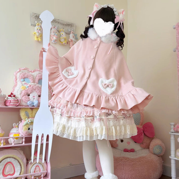 Winter Lolita Rabbit Ear Cape |   Fleece-Lined Thickened Woolen Cape (Blue/Pink, One Size)