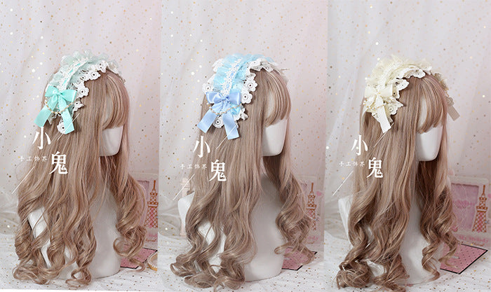 Soft girl lace hairband with bow, LolitaFetch headdress accessory, versatile sweet hair clip for stylish headwear.