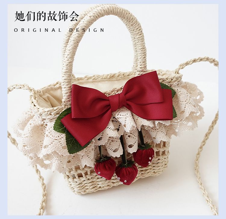 Lolita Bag for Women 2022 New Strawberry Flower on the Hill Handmade Small Item Lolita Spring Outing Straw Bag - Lolita Fetch