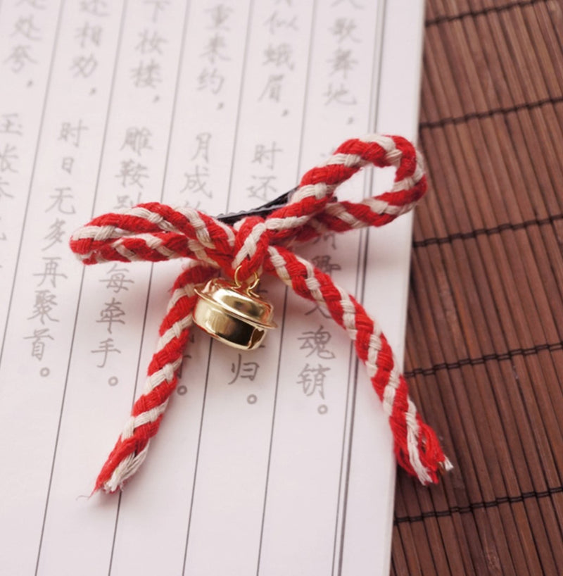 Cute Girl Red & White Striped Bell Bow Hair Clip Lolita Side Clip Style