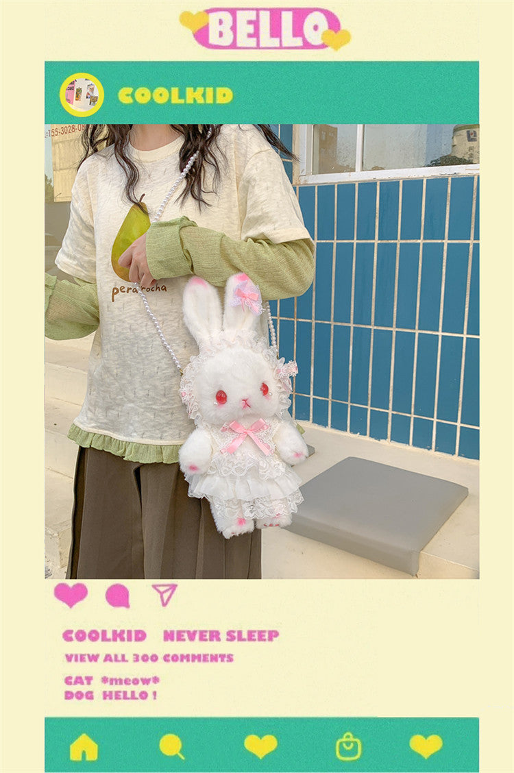 Lop-Eared Bunny Lolita Pearl Chain Doll Bag – 2025 Cute Bow Plush Shoulder Bag