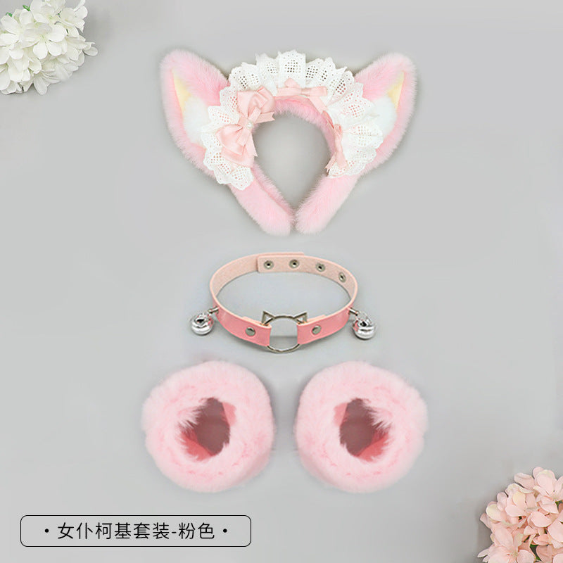 Plush Lolita Headband Lace Bow Hair Accessory Realistic Animal Ears Maid Corgi Hair Ornament Japanese KC Headband - Lolita Fetch