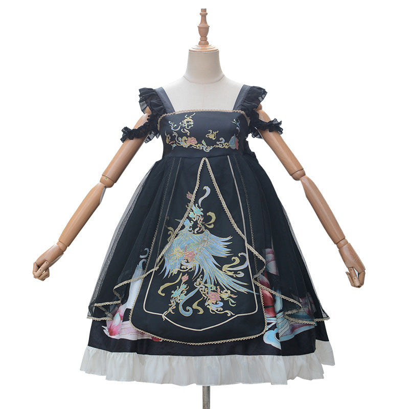 Morning Dew Hanfu - Inspired Lolita JSK | Gold - Woven Phoenix & Detachable Bead Chain - Lolita Fetch