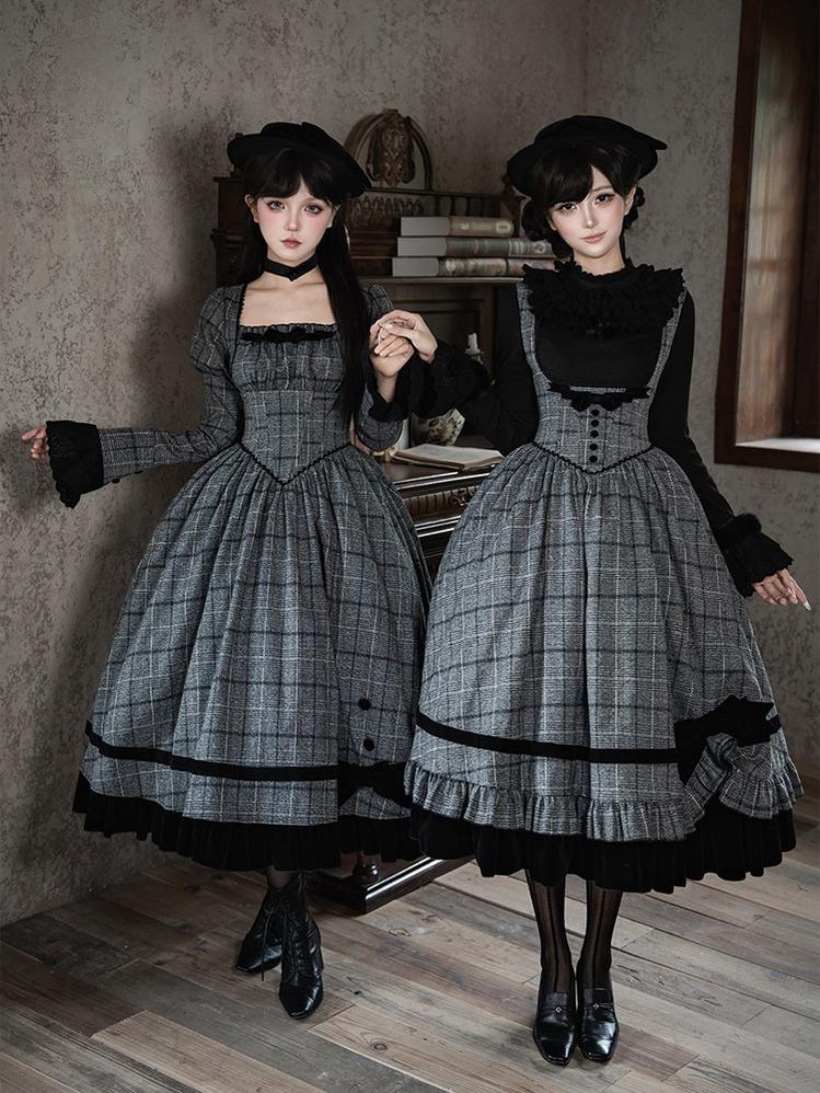 With PUJI - Yesterday's Epistle - Winter Classic Lolita Plaid Dress Set, Fishbone Waist