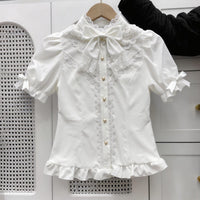 White Puff Sleeve Lolita Blouse with Bow Collar - White / XL