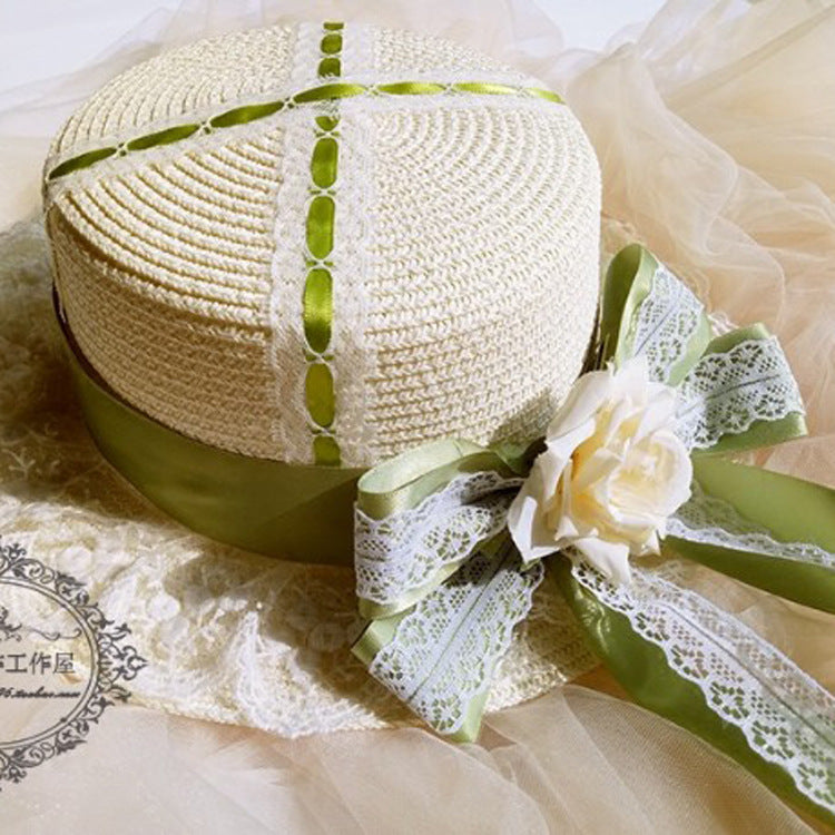 Lolita Multicolor Handmade Sweet Lace Long Ribbon Straw Hat Flat Top Sunshade Handmade Soft Girl