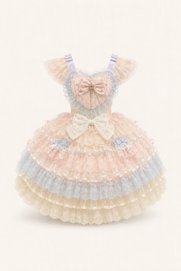 Hanguliang - Feather Ballad - Bridal sweet JSK dress with lace and ribbon trim, adjustable shirring, multi-tiered