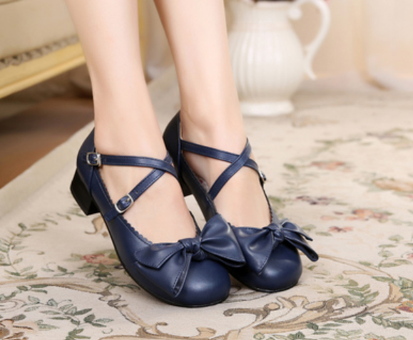 Sosic - Bow and Low Heel Cross Band Lolita - Leather Shoes Shoes