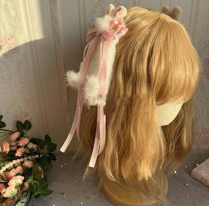 Luoluo Decoration - Han Lolita Rabbit Ears - Light Pink Head Accessory with Bow and Beaded Chain - product detail 8
