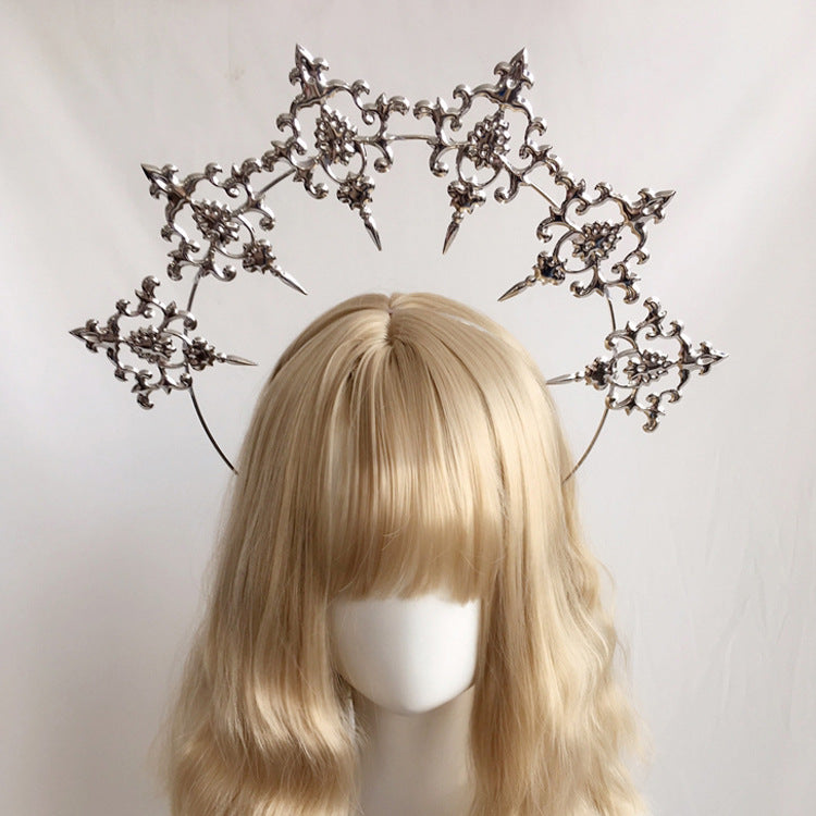 Lolita Virgin Mary Halo Headband Wheat Cross Feather Church Pope Gold Hair Accessory Catwalk Photo Prop - Lolita Fetch