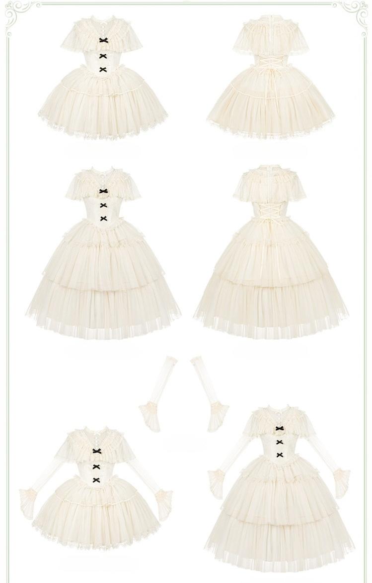 With PUJI - White Mist Promise - Classic Lolita Corset OP Set, Edwardian Collar & Tiered Hem