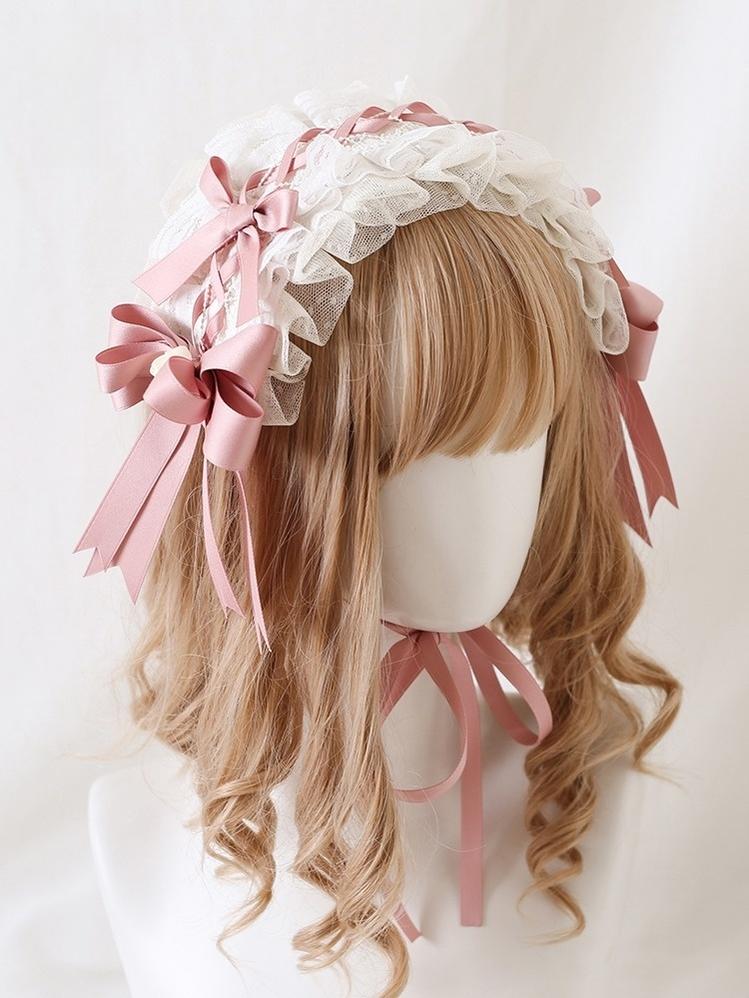 Xiaogui - Ivory & Pink Sweet Lolita Headdress - Bridal Lace Headwear Headwear