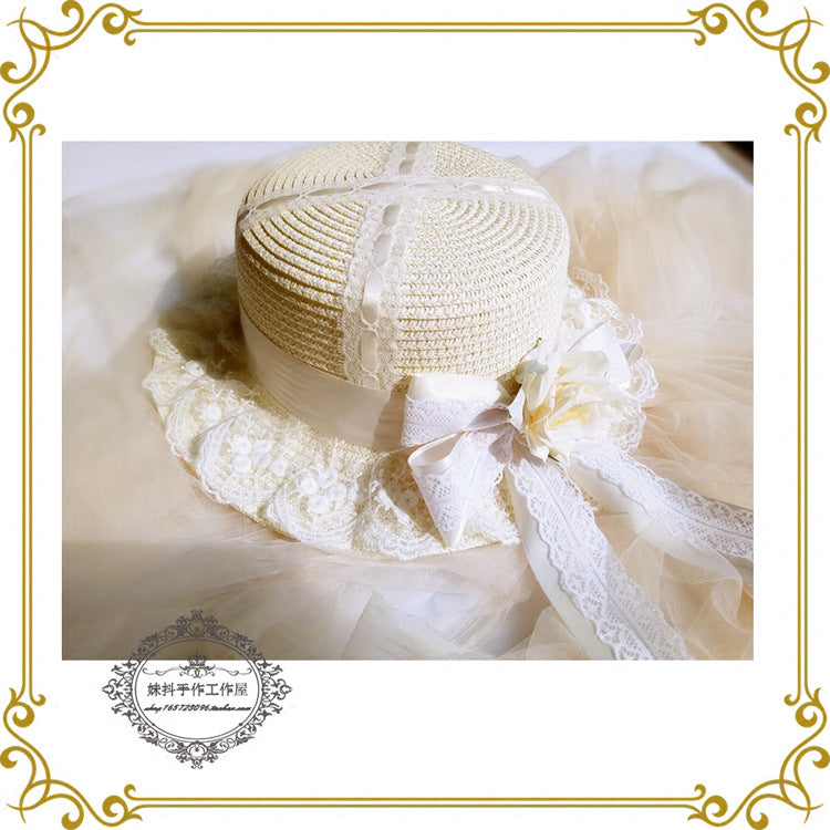 Lolita Multicolor Handmade Sweet Lace Long Ribbon Straw Hat Flat Top Sunshade Handmade Soft Girl