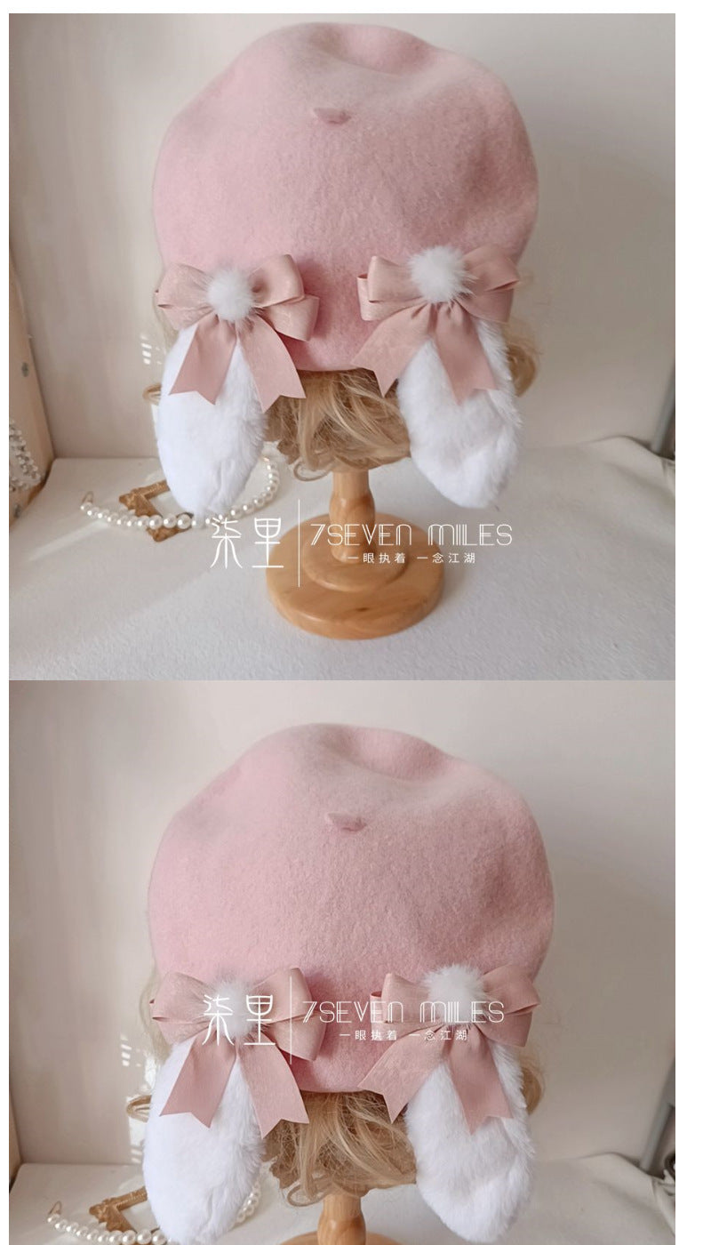 Long-Eared Rabbit  Beret Handmade Bow Lolita Girl Sweet Cute Woolen Hat for Women