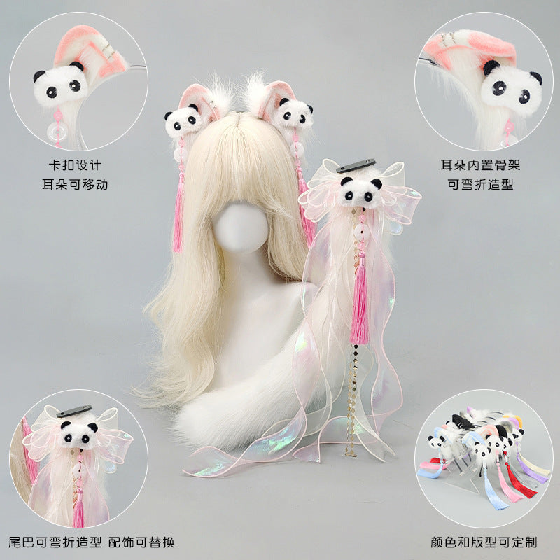Lolita Chinese Style Cat Ear Headband Subculture Animal Ear and Tail Cosplay Accessories Plush Cat Ear and Tail Set
