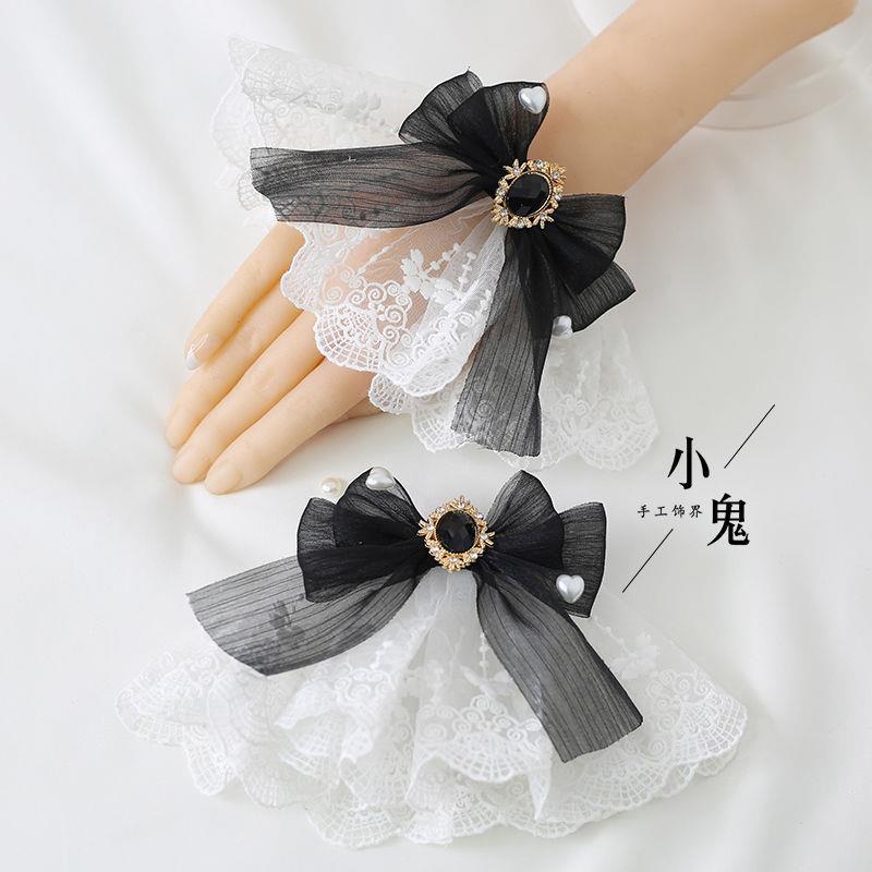 Multicolor Sweet Lace Lolita headdress with dark red tulle bow, lace hand sleeves, and bracelet, featuring intricate detailing.