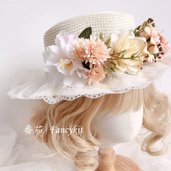 Handmade Lolita Retro Artificial Flower Straw Hat Bonnet French Pastoral Hat Photo Hat Sun Hat - Lolita Fetch