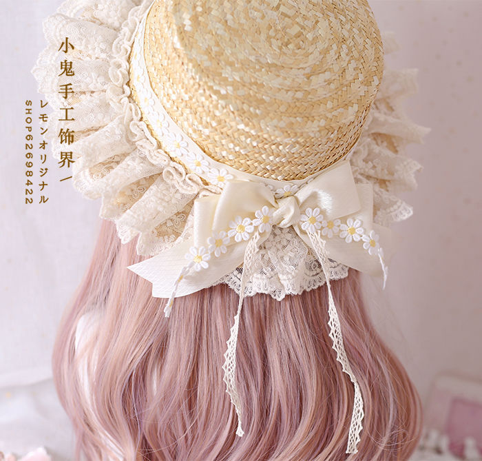 Lolita Handmade Original Elegant Straw Hat Natural Color Daisy Lace Bow Straw Hat Bridal Sun Hat