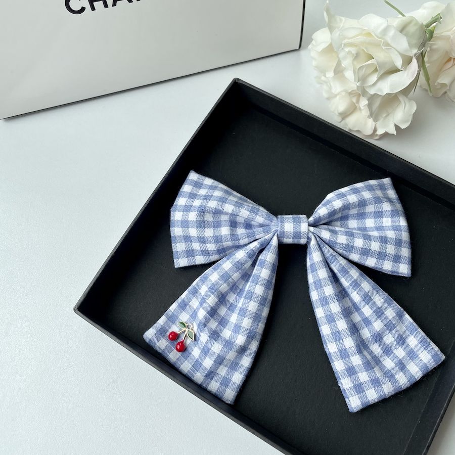 Handmade - Cherry Gingham Bow - Stainless-Steel Brooch - detail view 8
