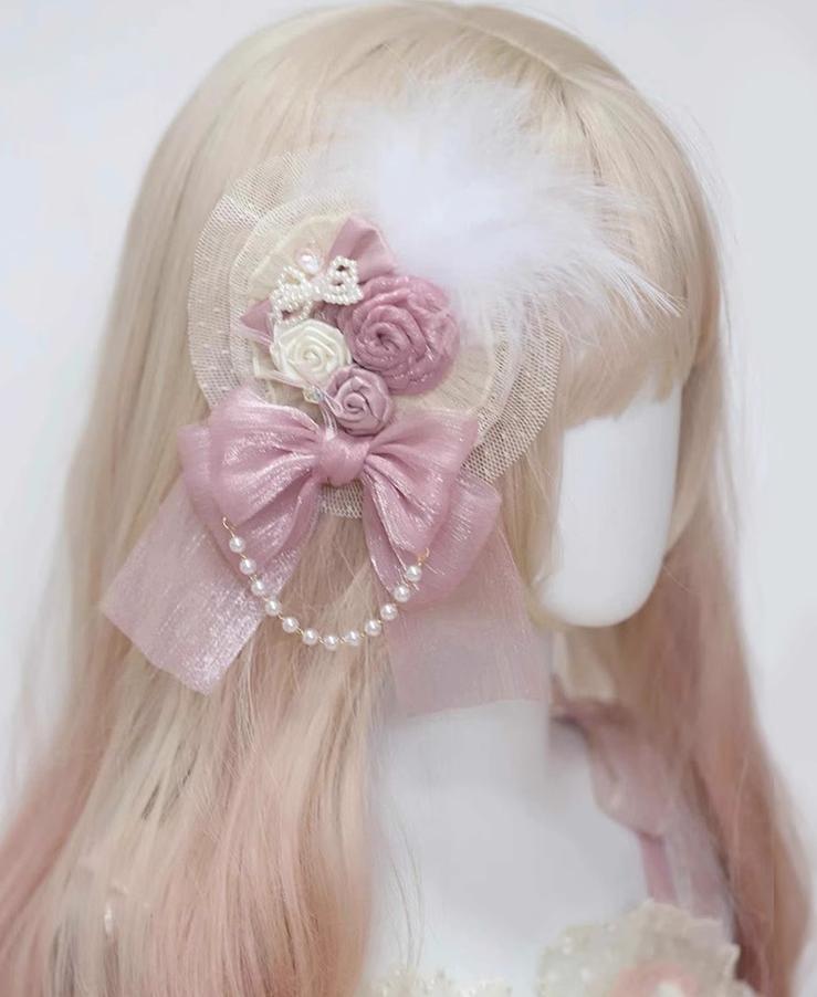 Her Vintage Society - Satin Pink Ballet - Hair Accessories and Flat Hat with Hand-Rolled Roses - option image