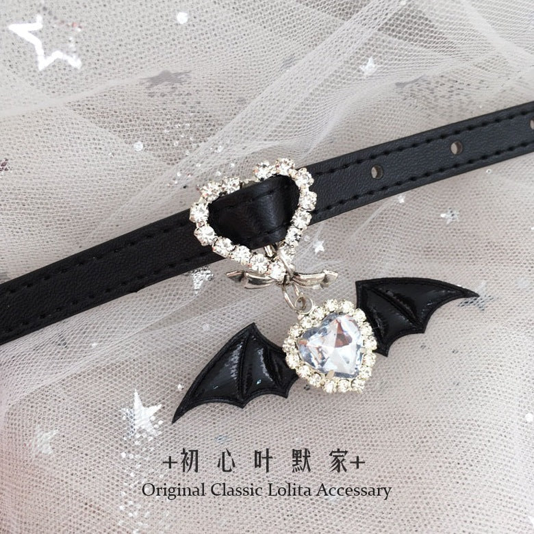 Lolita Subculture Leather Choker Collar & Bracelet - Angel Little Devil Heart with Rhinestone Bowknot
