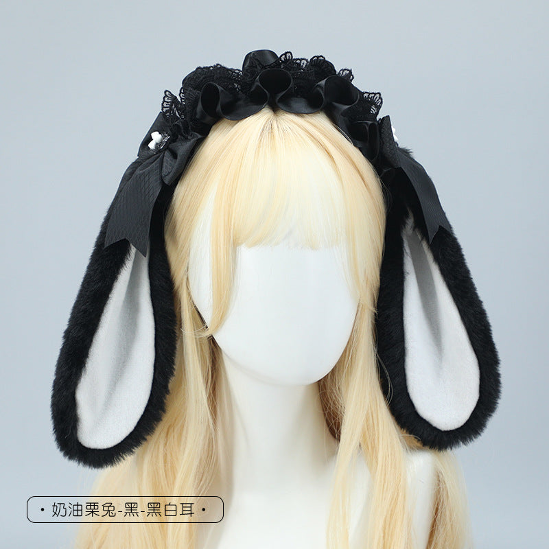Cute Plush Lace Ribbon Lolita Headband Comic Con Cosplay Prop Realistic Rabbit Ear Hair Accessory Headband - Lolita Fetch