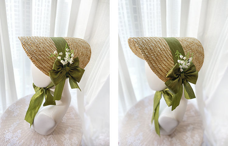French Country Lolita Handmade Lily of the Valley Forest Style Bowknot Bnt Flat Hat Straw Hat Photo Shoot Catwalk Cla