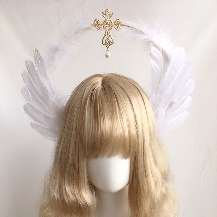 Lolita Virgin Mary Halo Headband Wheat Cross Feather Church Pope Gold Hair Accessory Catwalk Photo Prop
