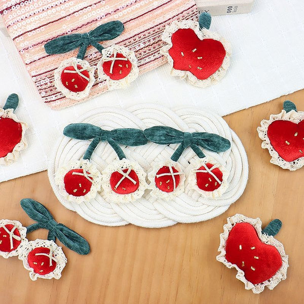 Handmade - Red Velvet Fruit Bow - Cherry and Apple Brooch