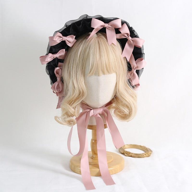 Xiaogui - Classic Lolita Lace Bonnet Hat - Detachable Bows Headwear