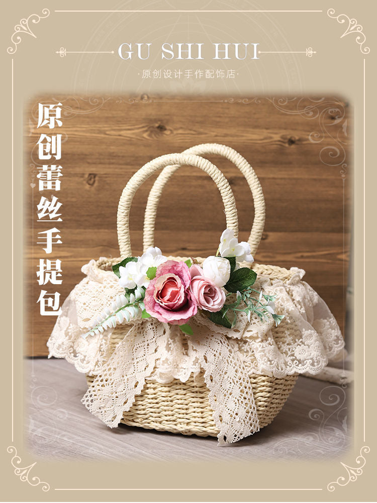 Handmade straw tote bag with Lolita lace and artificial flower embellishments, perfect for beach or pastoral style in 2022.