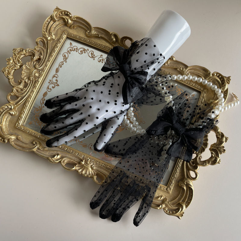 Handmade - Polka Dot Mesh Bow Gloves - Wrist-length sheer polka dot