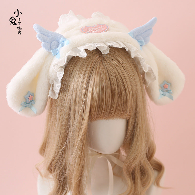 Lolita Bunny Ear Headband Subculture Cute Plush Angel Wings Lolita Hair Accessory Lolita Headwear