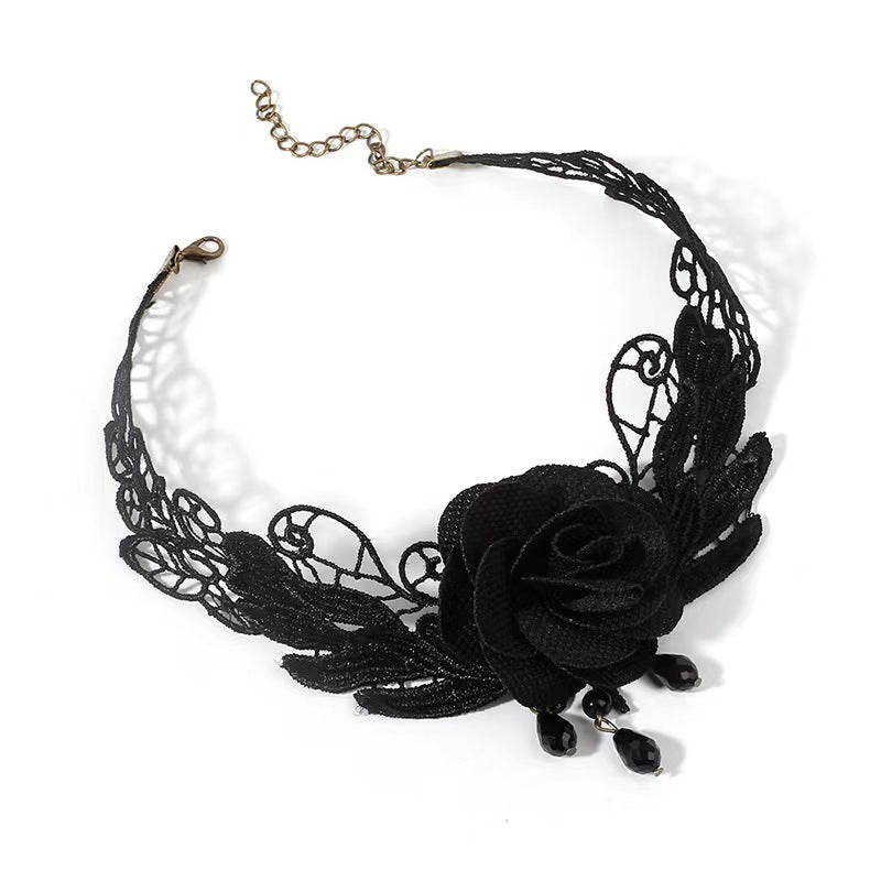 Gothic Dark Lolita Lace Necklace Y2K Harajuku Subculture Black Cross Choker - Lolita Fetch