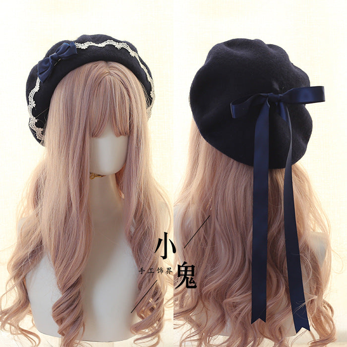 Beret Lolita Sweet Woolen Handmade Lace Bow Beret for Girls