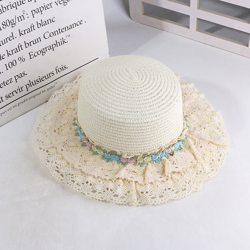 French Lolita Lace Trim Straw Hat for Women Summer Wide Brim Flat Top