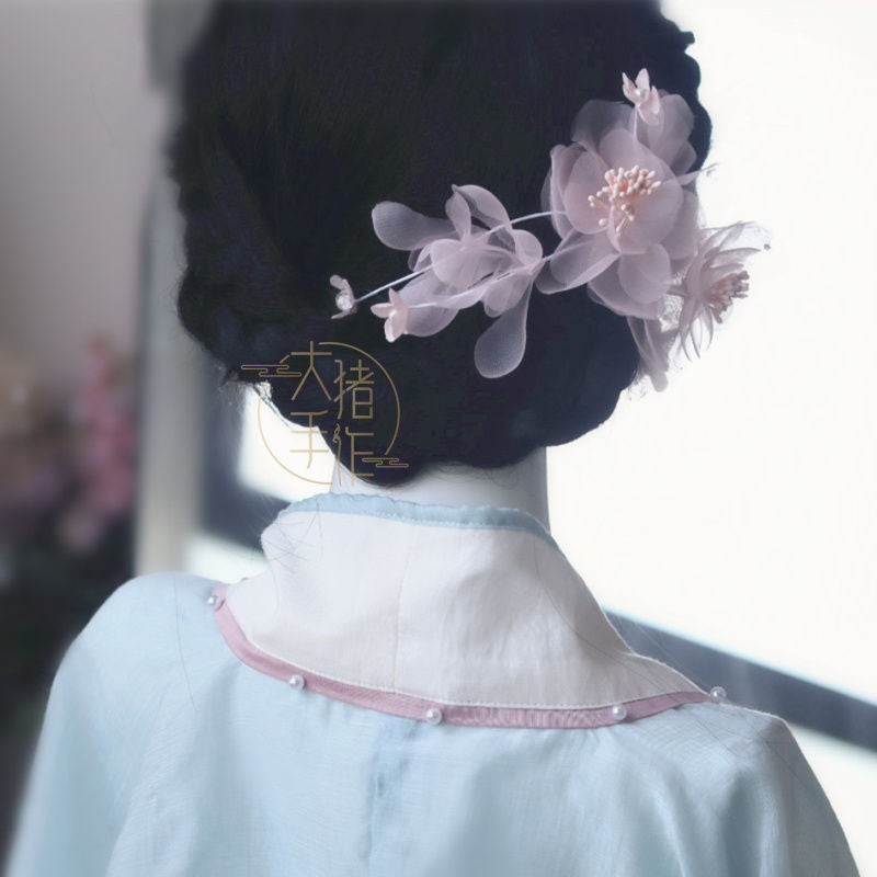 Ancient Style Pink Sheer Flower Branch Hair Clip Fairy Hairpin Ancient Costume Elegant Hanfu Lolita Hair Accessory Headwear