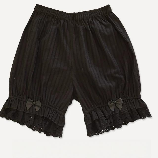 Black Lolita bloomers with ruffled lace hems and small bows.