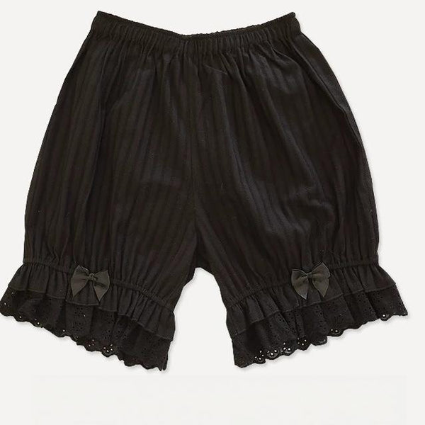 Black Lolita bloomers with ruffled lace hems and small bows.