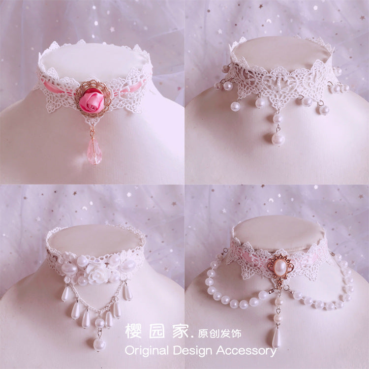 Soft Girl Lace Princess Lolita Pearl Necklace Choker Pearl Choker Collarbone Chain