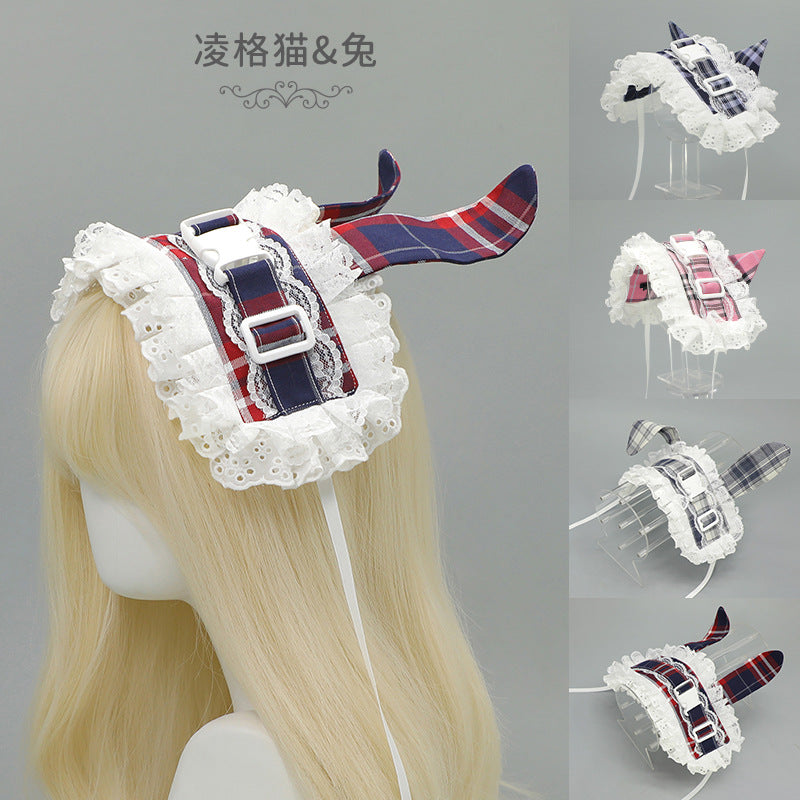 Subculture Retro Plaid Buckle Hairband Ancient Rural Style Lolita KC Lace Japanese Style Lolita Cat Ear Hair Accessory