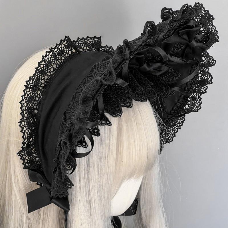 MAID - Gothic Lolita Lace Bonnet Wide Brim - Bow BNT Headwear Headwear