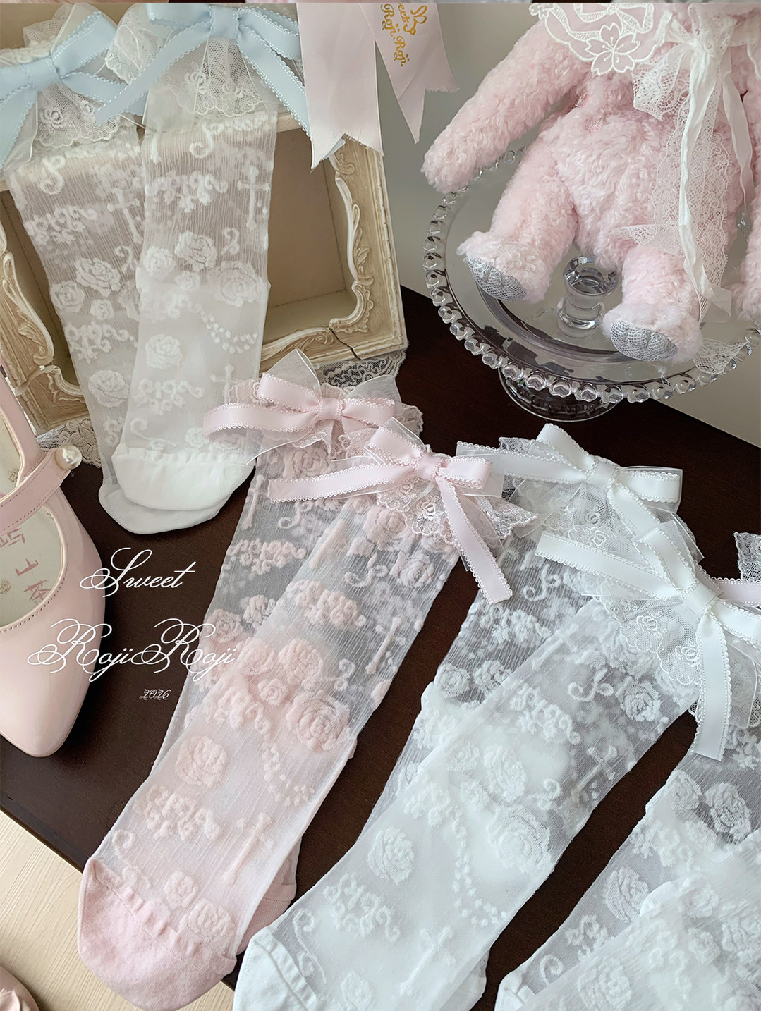 Roji Roji - Summer Sweet Lolita Rose Jacquard - Bow Socks Socks