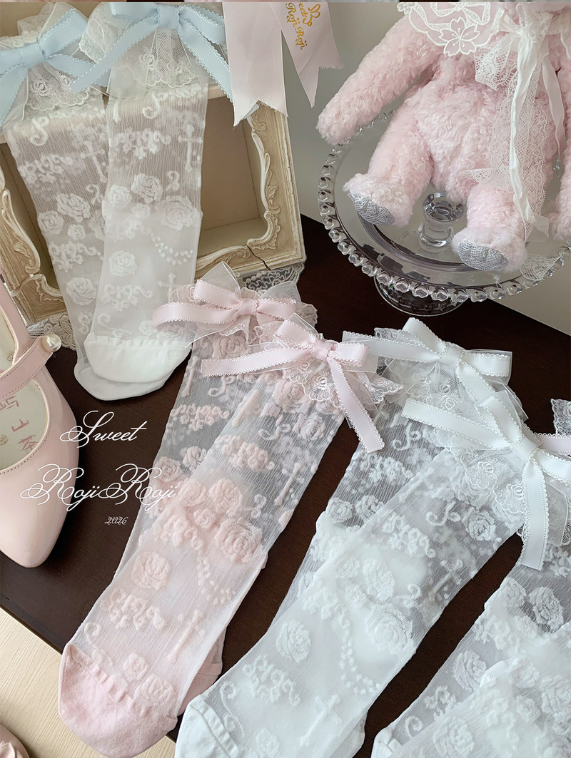 Roji Roji - Summer Sweet Lolita Rose Jacquard - Bow Socks Socks
