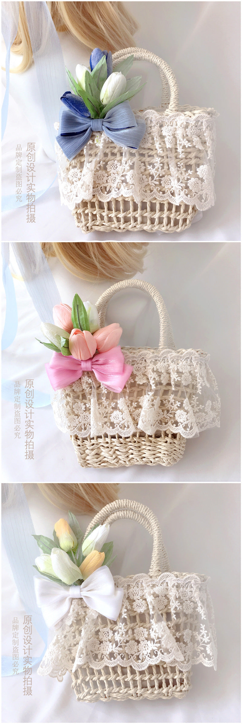 Original Handmade Pink Tulip Lolita Small Sun Hat Straw Hat Oil Painting Style Travel Photography Woven Bag Basket