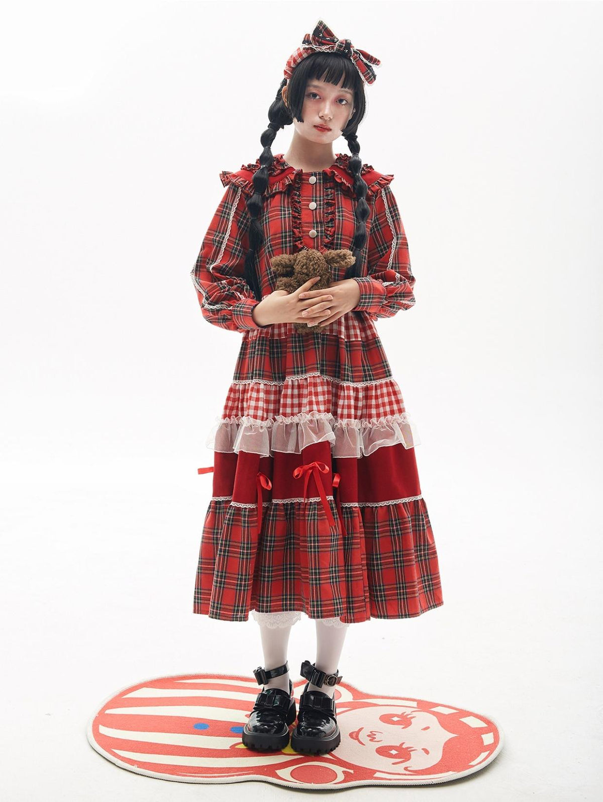 SOS MEME CLUB - Vintage Plaid - Red Vintage Lolita OP dress with a doll collar - product detail 8