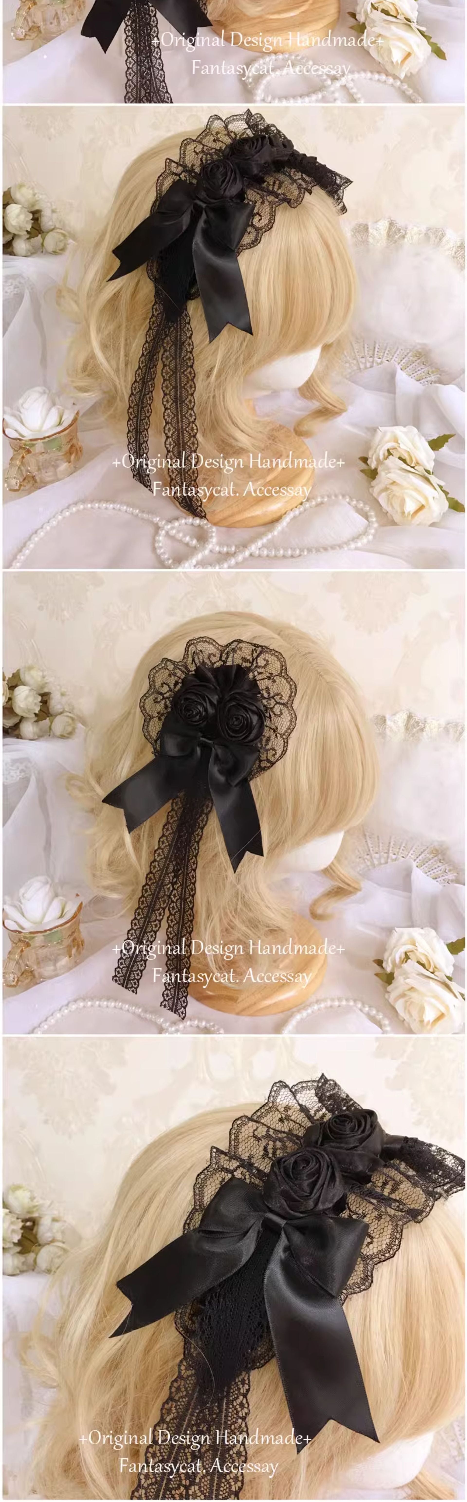 Lolita Vintage Girl Handmade Elegant Retro Black Flower Hair Clip Headband - Dark Hair Accessory