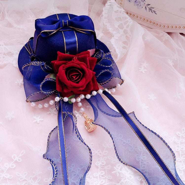 Lolita Hat Small Item Handmade Gothic Versatile Lolita Cyan Burgundy Flower Pill Crown Headwear