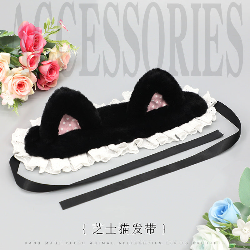 Handmade Plush Cat Ear Polka Dot Hair Accessories Sweet Cute Hair Clips Japanese Lolita Cat Ear Headband - Lolita Fetch